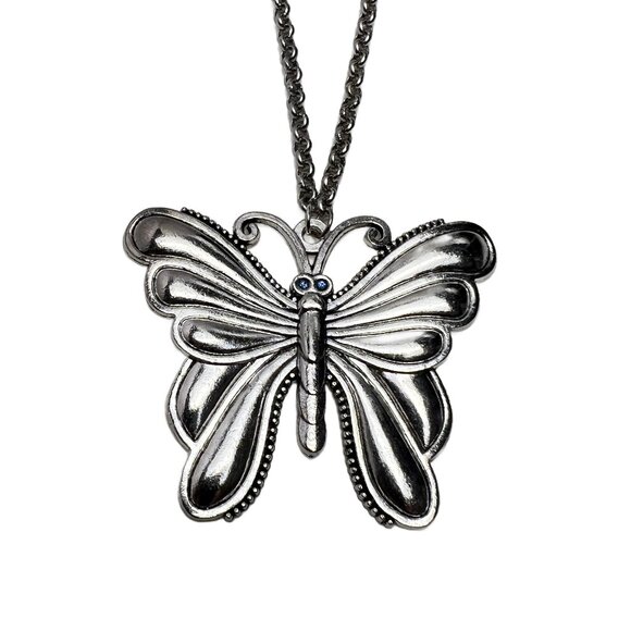Butterfly Pendant Necklace with Blue Crystals Antique Silver Tone - Picture 1 of 8
